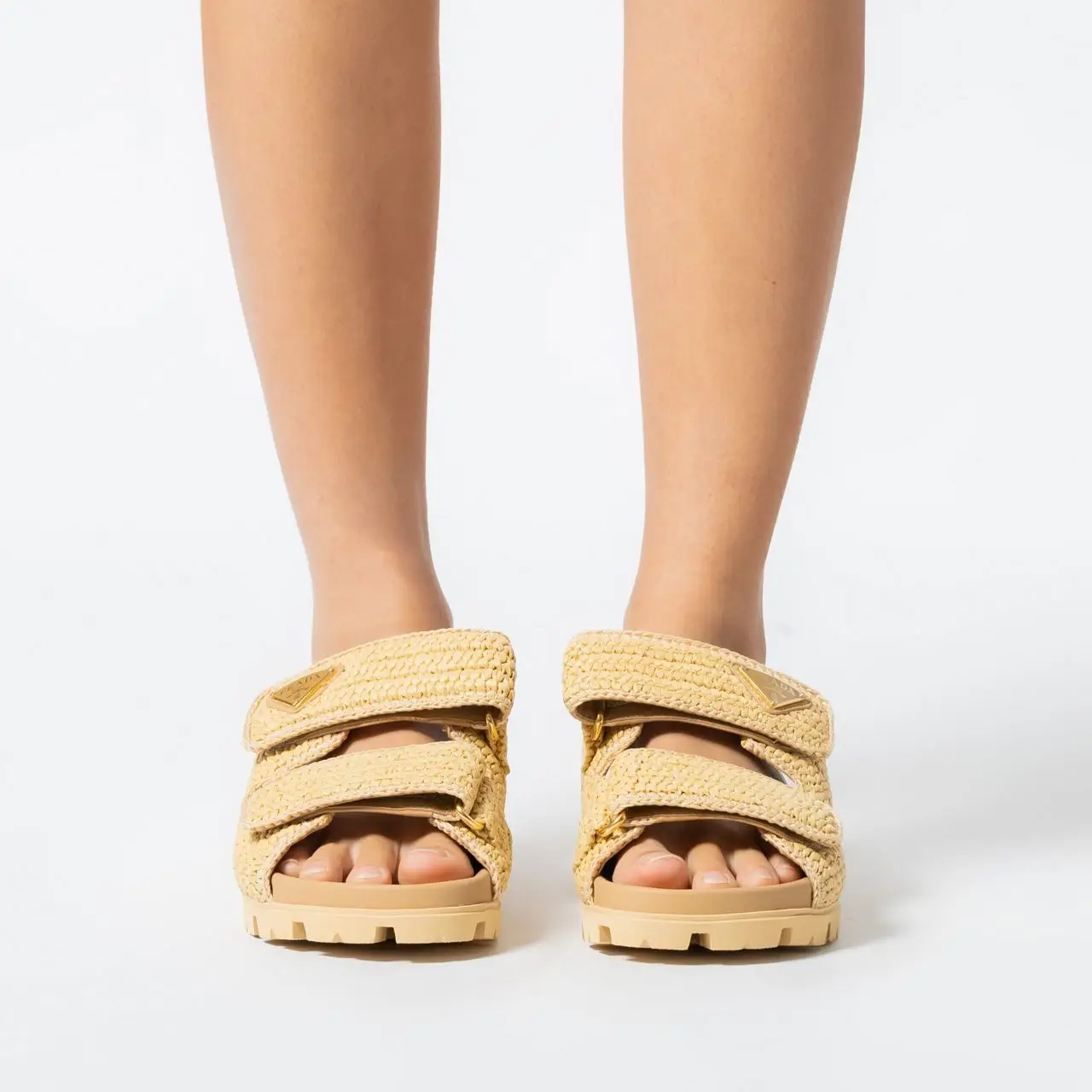 Prada Triangle Logo Raffia Woven Fabric Sandals Beige – voilà.id Prada Triangle Logo Raffia Woven Fabric Sandals Beige – voilà.id