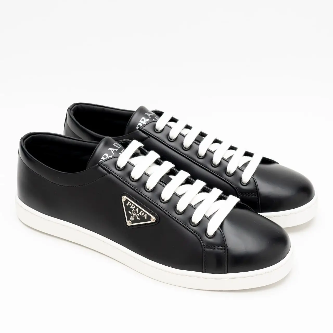 Prada Enameled Triangle Logo Brushed Leather Sneakers Black