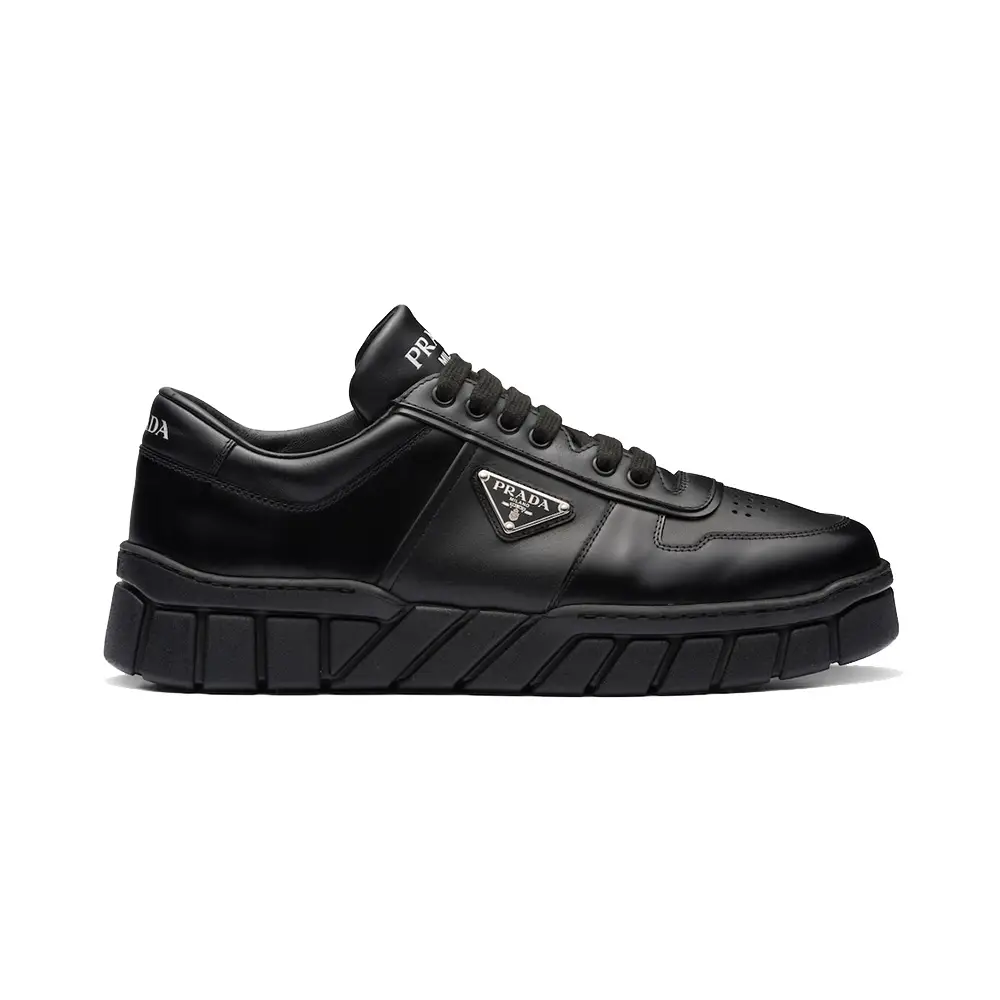Prada Leather Sneakers with Triangle Metal Logo All Black Prada Leather Sneakers with Triangle Metal Logo All Black