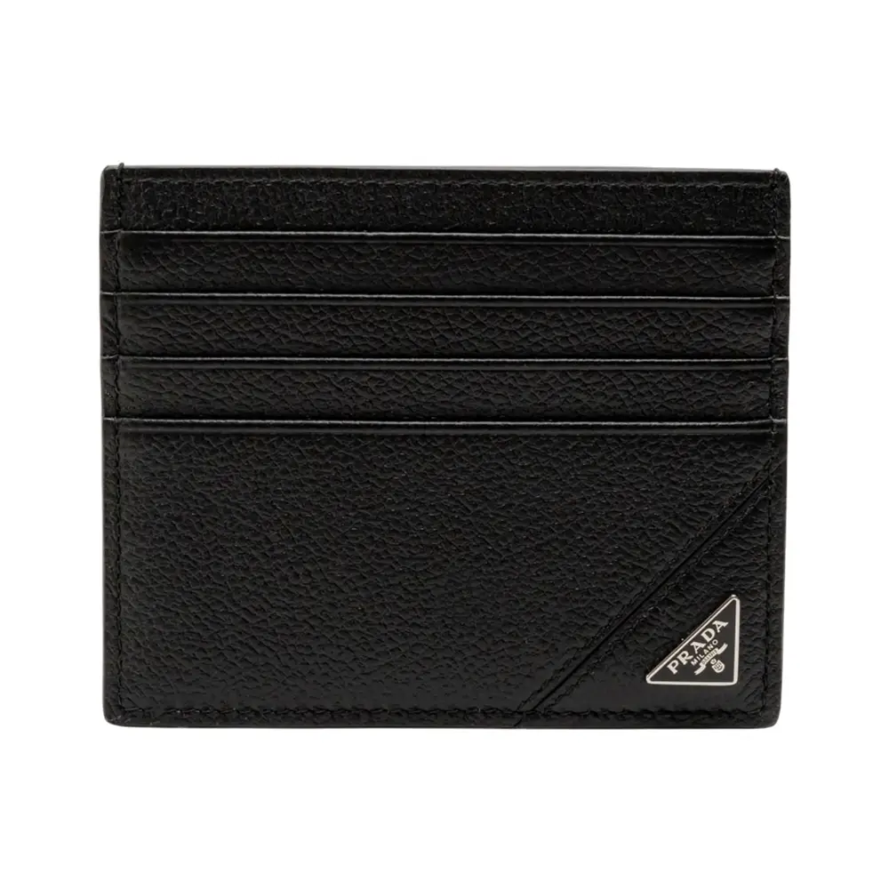 Prada Triangle Metal Logo Card Case Grained Black – voilà.id