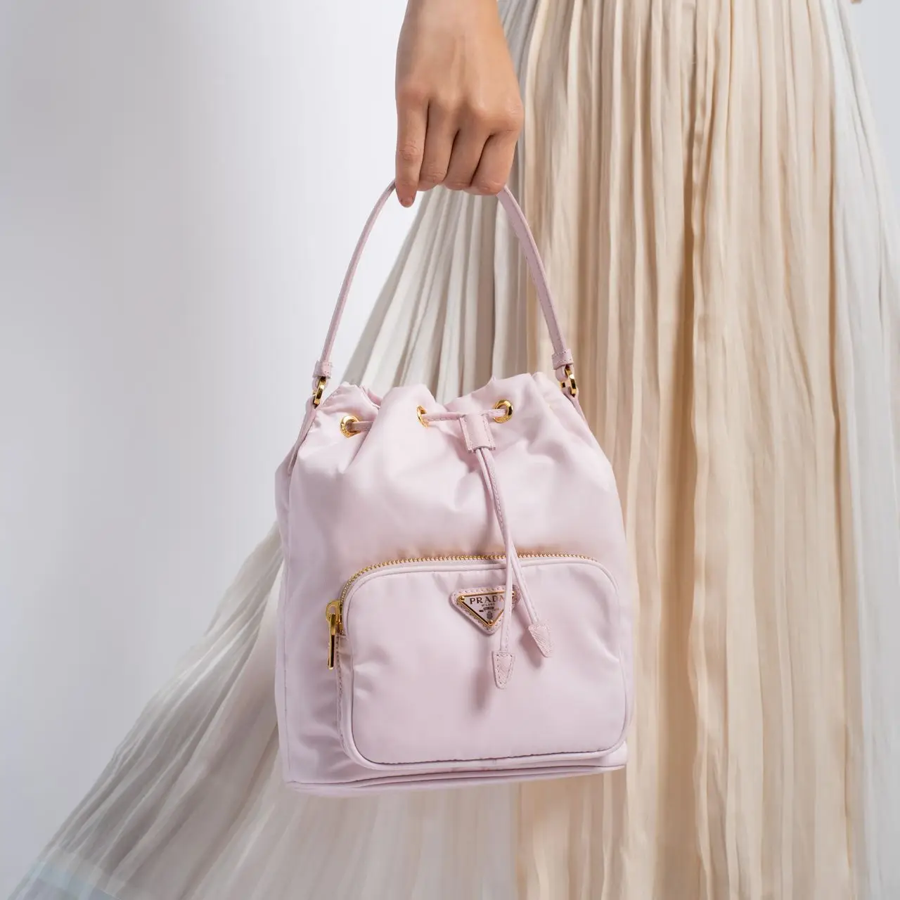 Prada Duet Re-Nylon Bucket Shoulder Bag Alabaster Pink