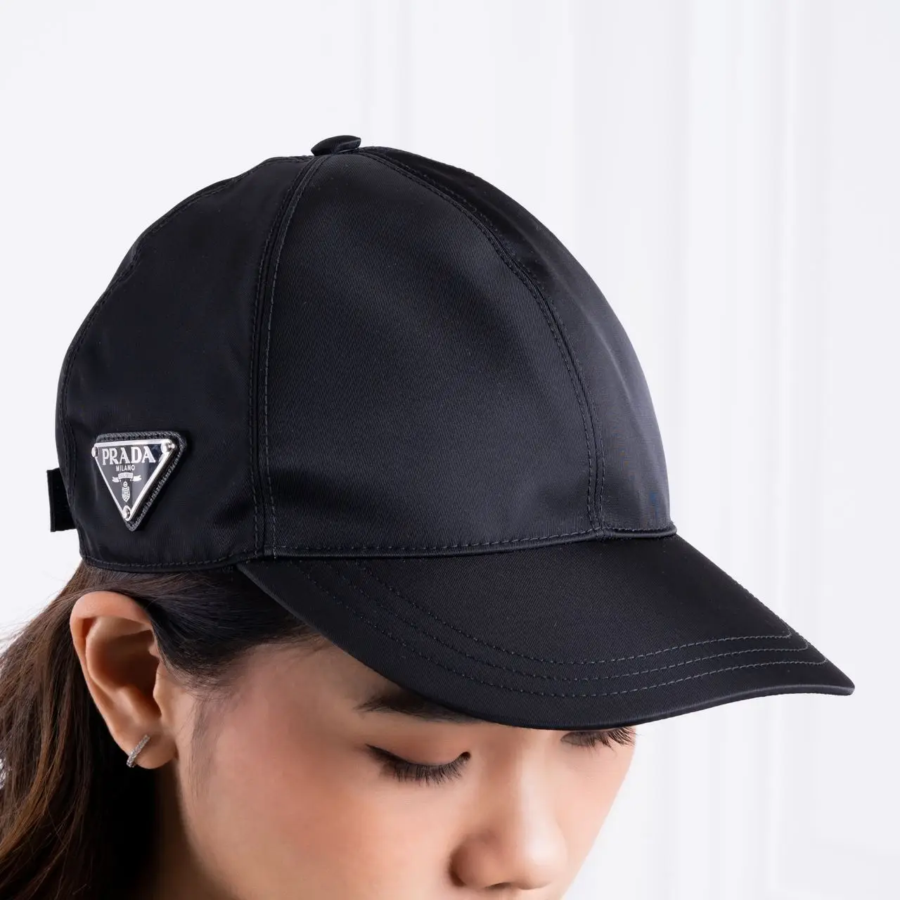 Prada Re-Nylon Enamel Logo Side Baseball Cap Black Women