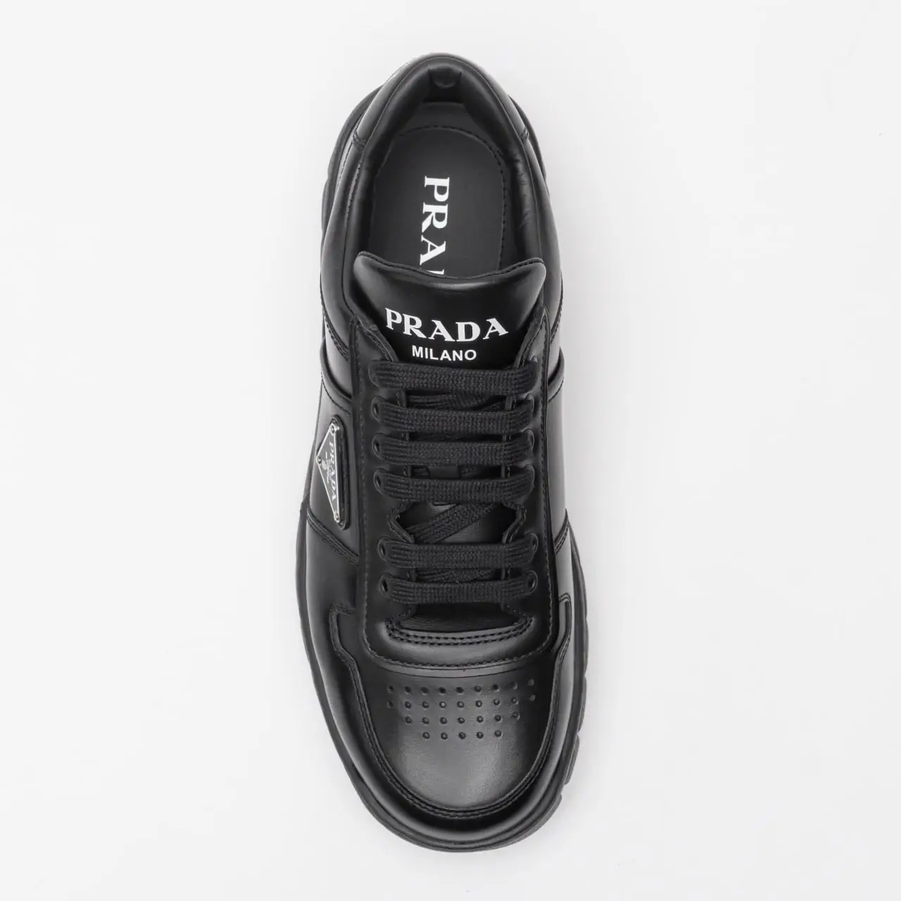 Prada Leather Sneakers with Triangle Metal Logo All Black