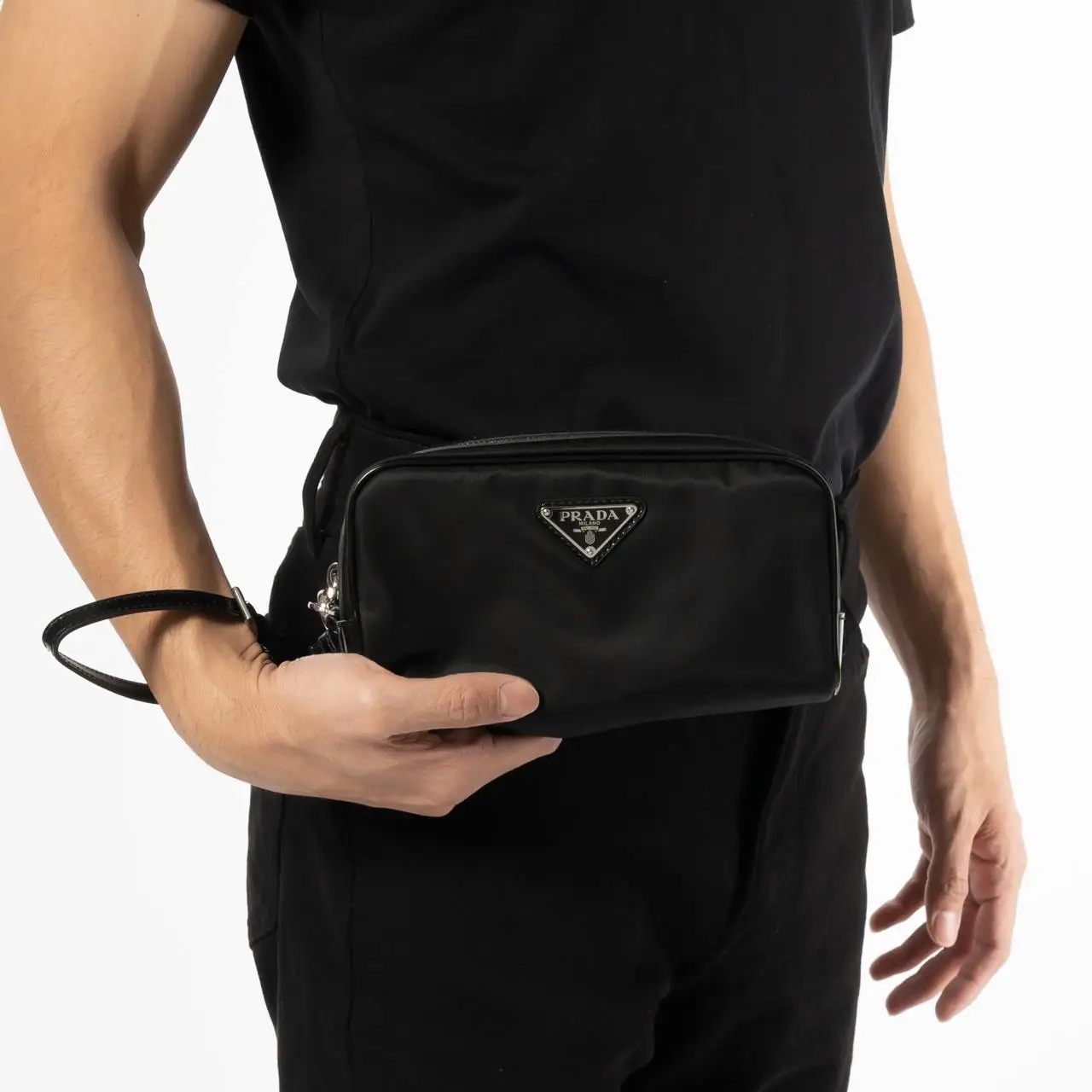 Prada Triangle Logo Re-Nylon and Brushed Leather Travel Pouch