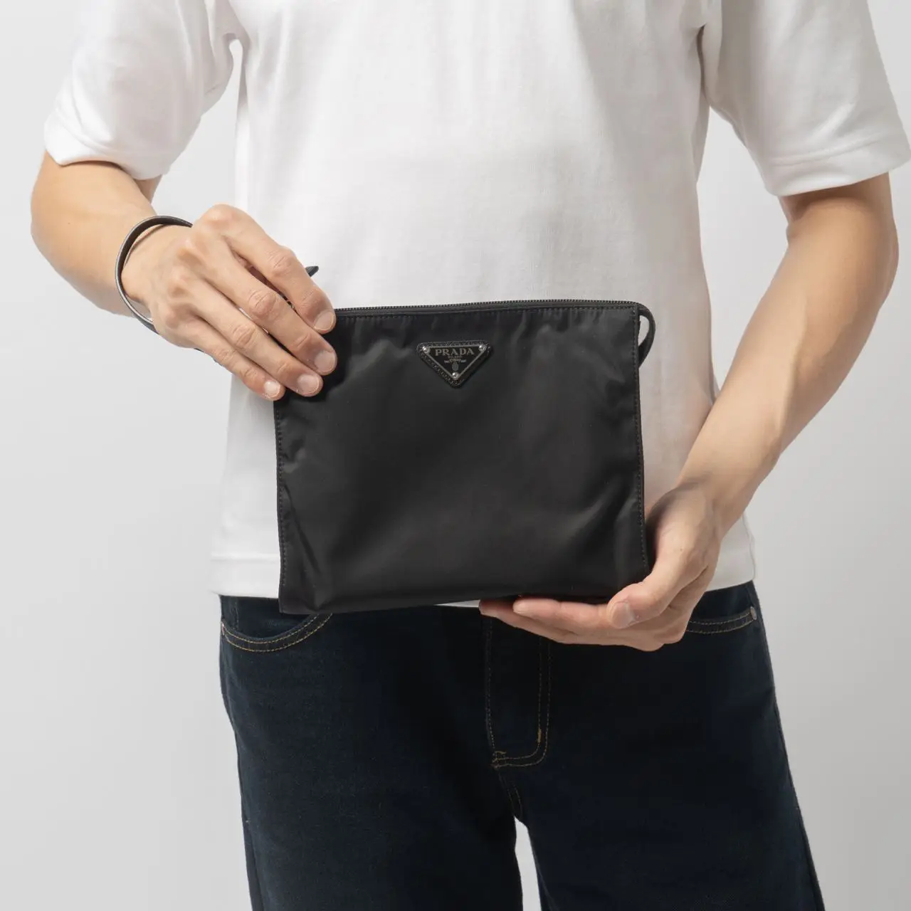 Prada Re-Nylon and Saffiano Leather Pouch with Triangle