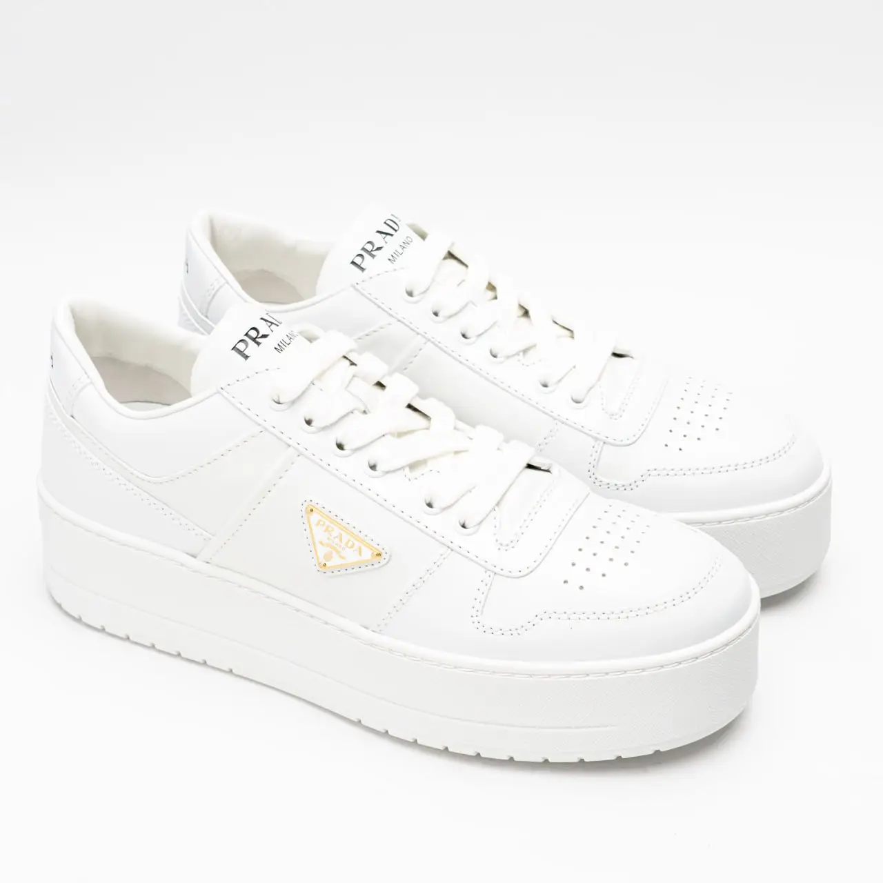 アウターその他 PRADA Women Outer 594071XM8 F0009 WHITE WMNS) PRADA Downtown Perforated Leather Sneakers 'White