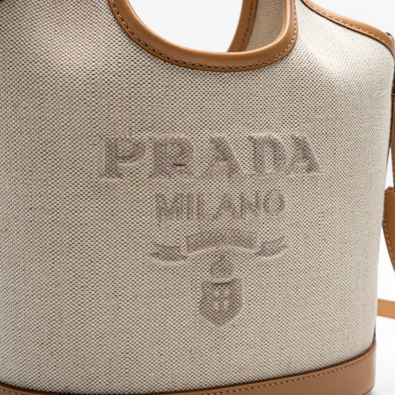 Prada Logo Embossed Linen Blend Leather Mini-Buckle Bag