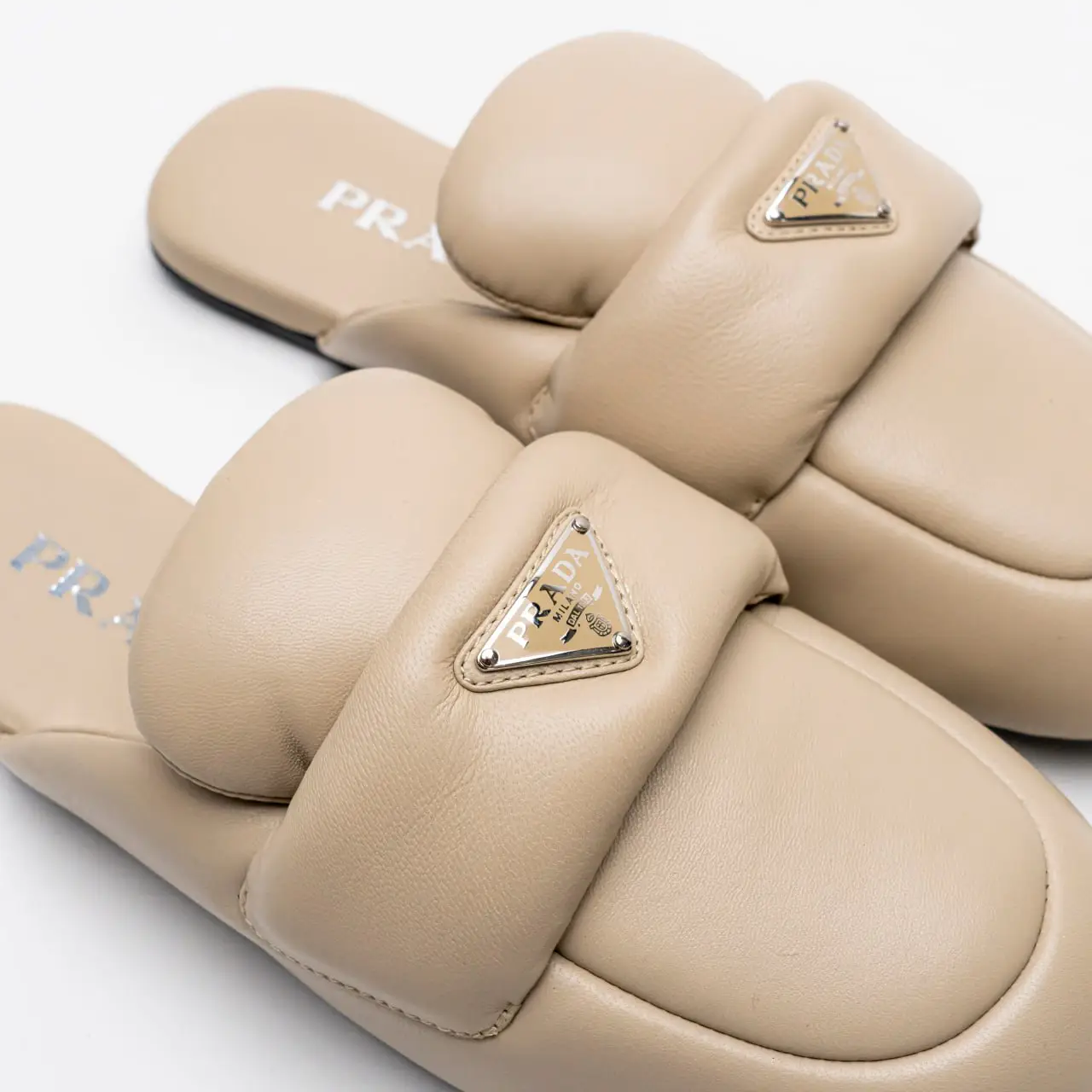 Prada Soft Padded Nappa Leather Sabots Desert Beige – voilà.id