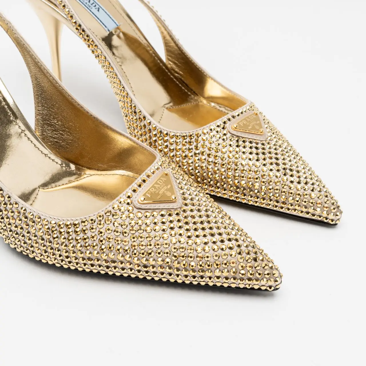 Prada Enameled Metal 85 Satin Crystal Slingback Heels Prada Enameled Metal 85 Satin Crystal Slingback Heels
