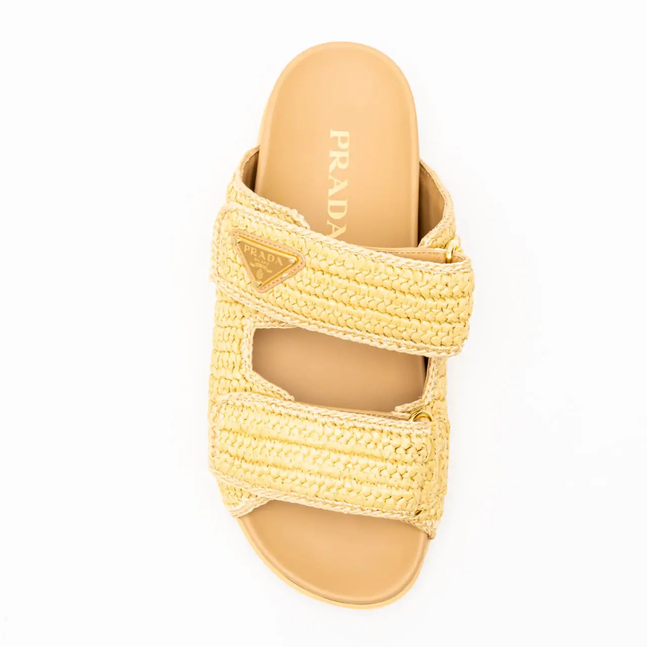 Prada Triangle Logo Raffia Woven Fabric Sandals Beige – voilà.id