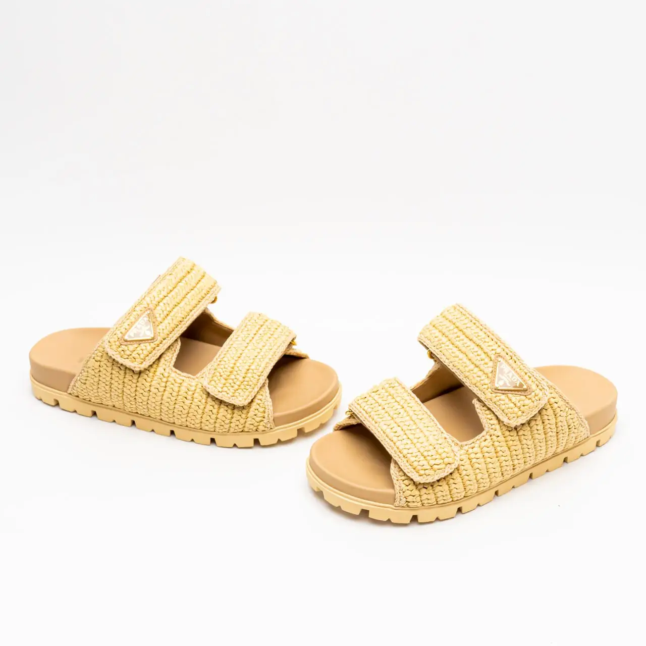 Prada Triangle Logo Raffia Woven Fabric Sandals Beige – voilà.id