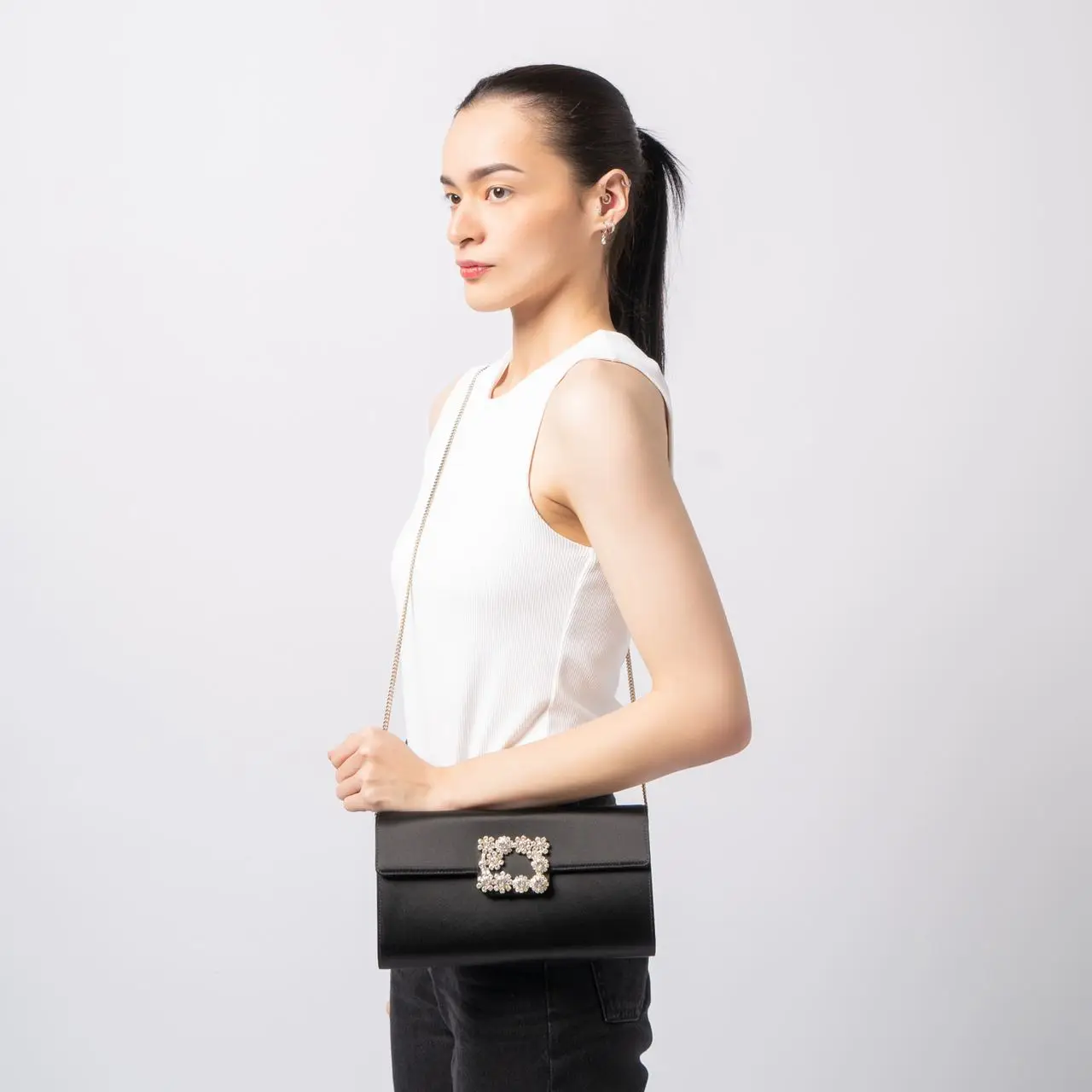 Roger Vivier Flower Strass Buckle Satin Clutch Black – voilà.id