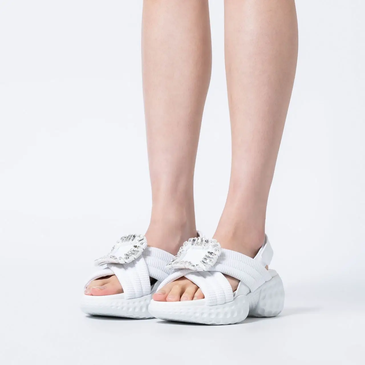 Roger Vivier Viv' Run Light Strass Buckle Sandals in Fabric