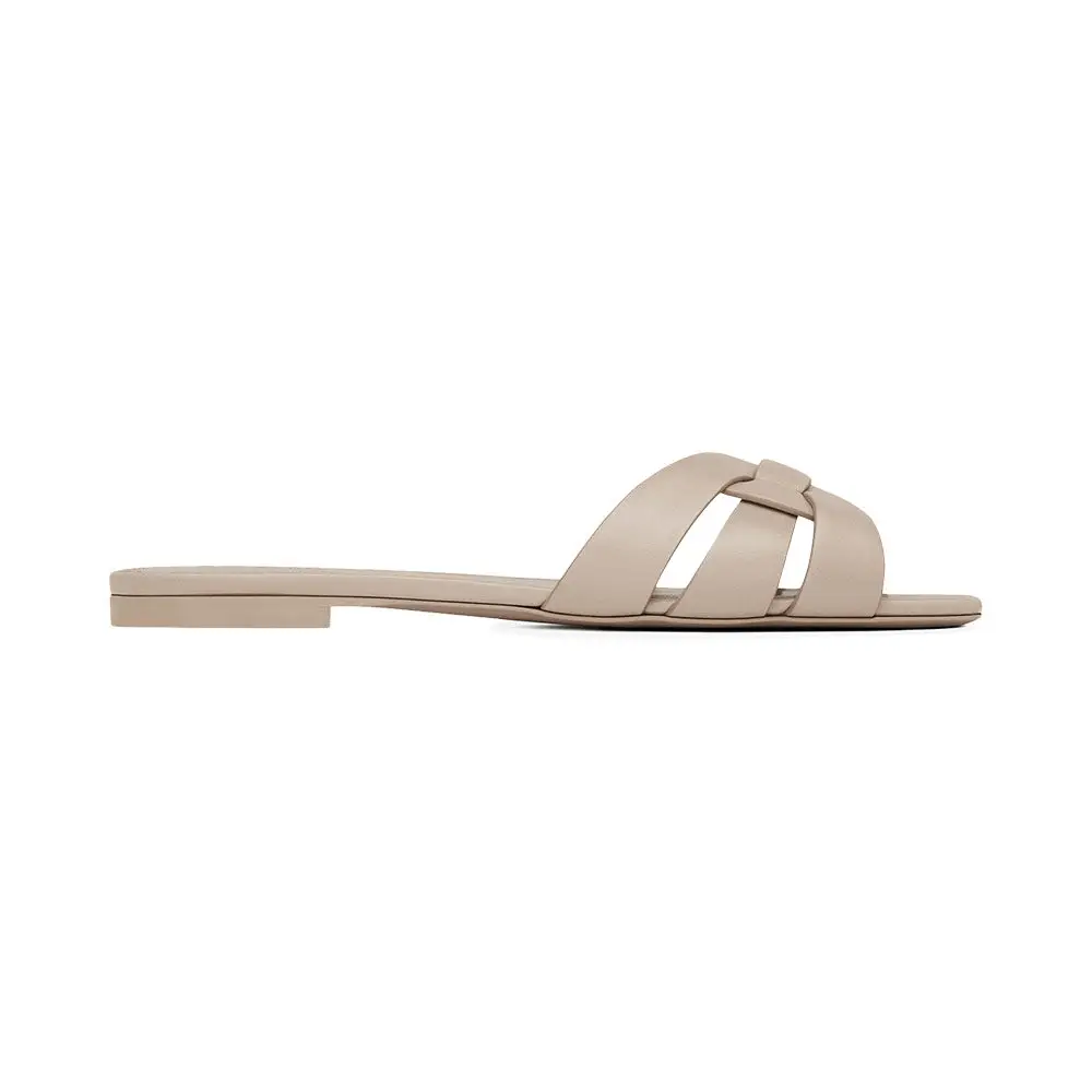 Saint Laurent Tribute Smooth Leather Flat Sandal Dark Beige