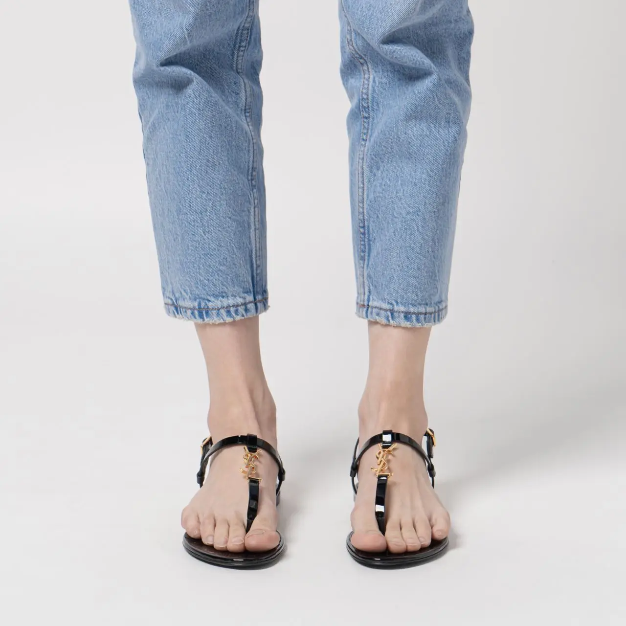 Saint Laurent Cassandra Sandals in Patent Leather Black