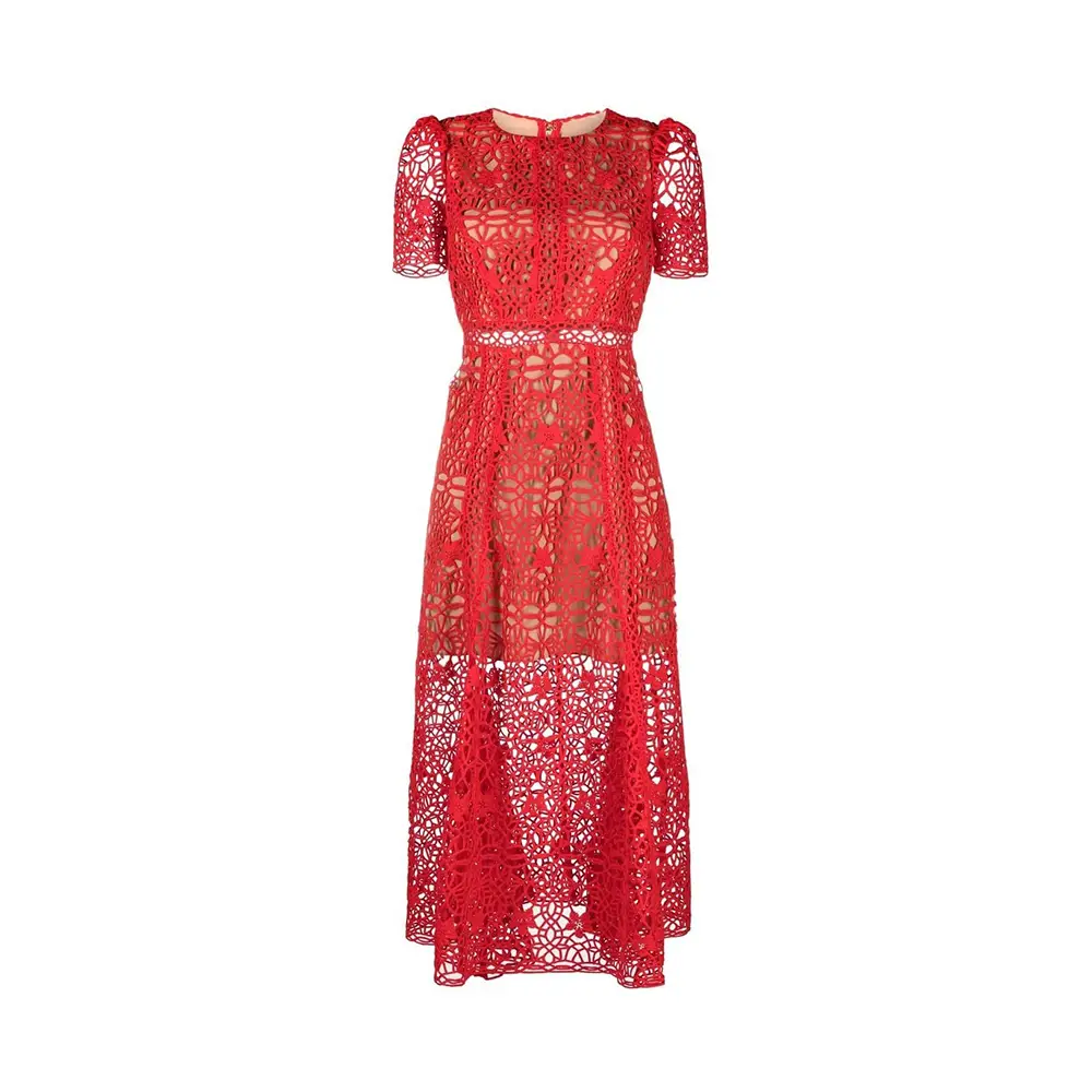 SELF PORTRAIT レースストラップミディドレス AW24023MAR RED Self Portrait Guipure Lace Midi Dress Red – voilà.id