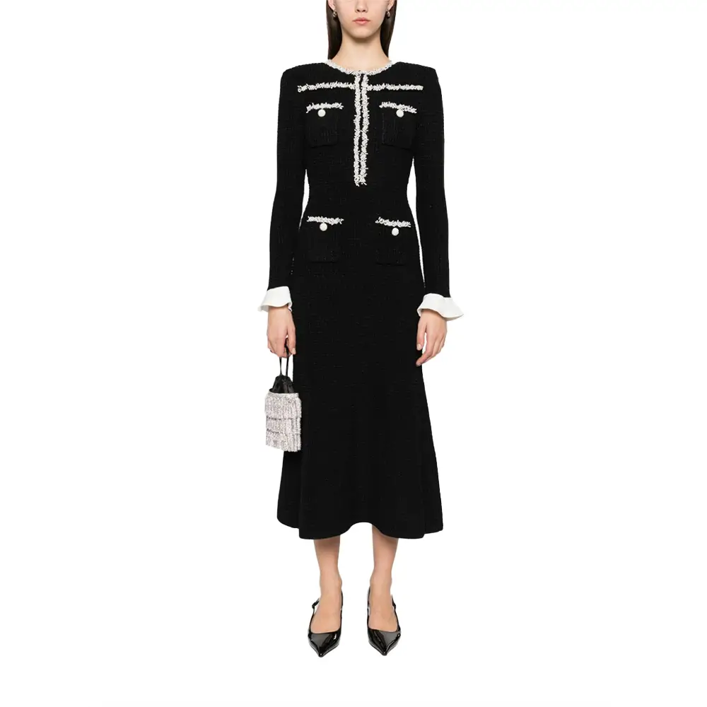 【self-portrait】ミディドレス ニット フリル フレア ブラック Black Fine Lace Midi Dress – self-portrait-US