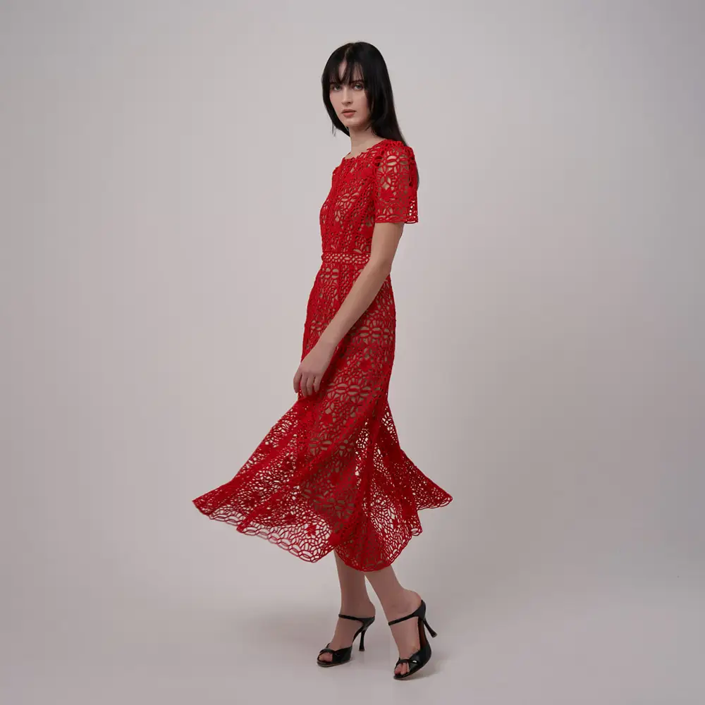 SELF PORTRAIT レースストラップミディドレス AW24023MAR RED Red Sequin Lace Mini Dress – self-portrait-EU