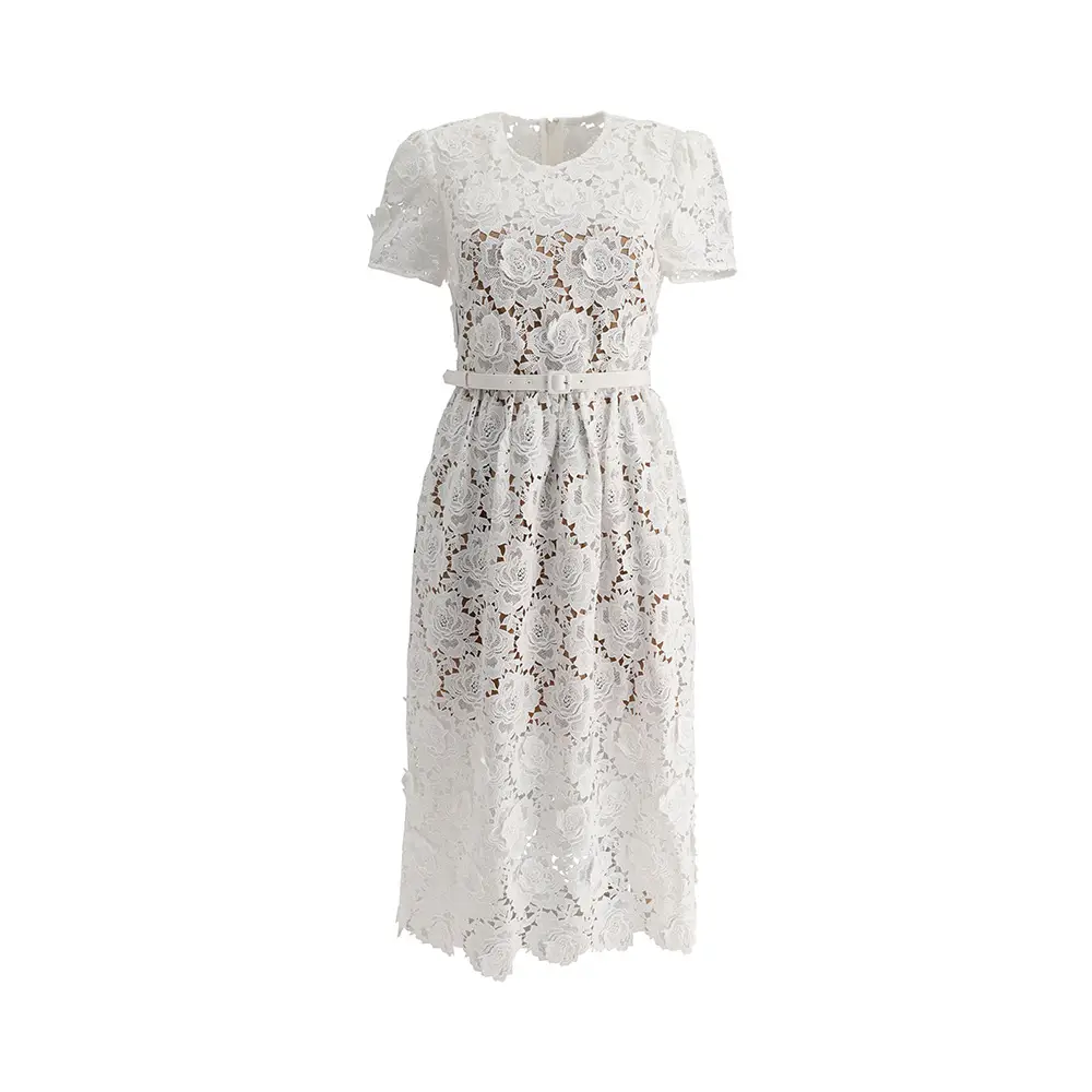 【SELF PORTRAIT】WHITE COTTON LACE BUTTON MIDI DRESS Self Portrait White Cotton Lace Button Midi Dress - Dresses