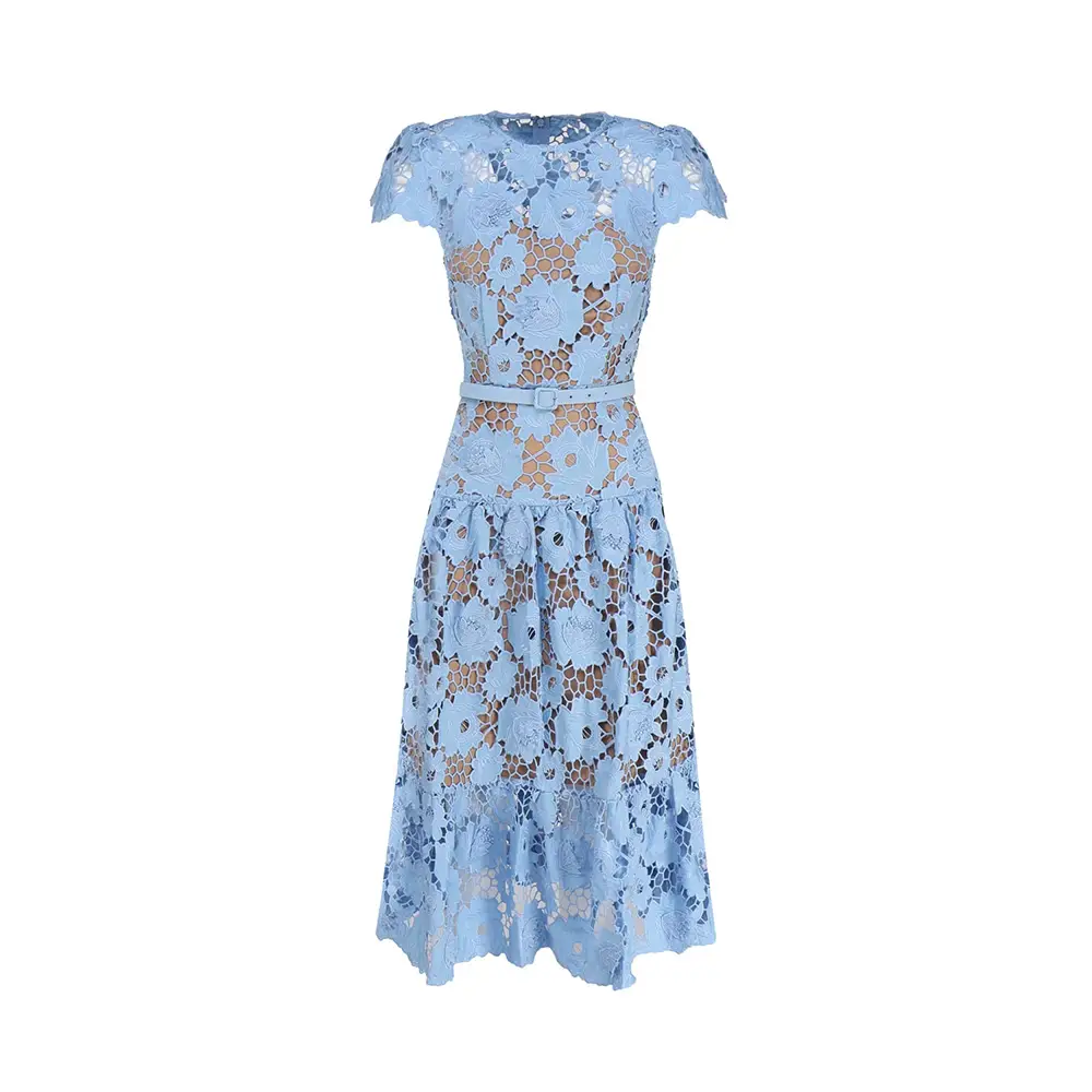 Self Portrait 3D Cotton Lace Midi Dress Blue – voilà.id