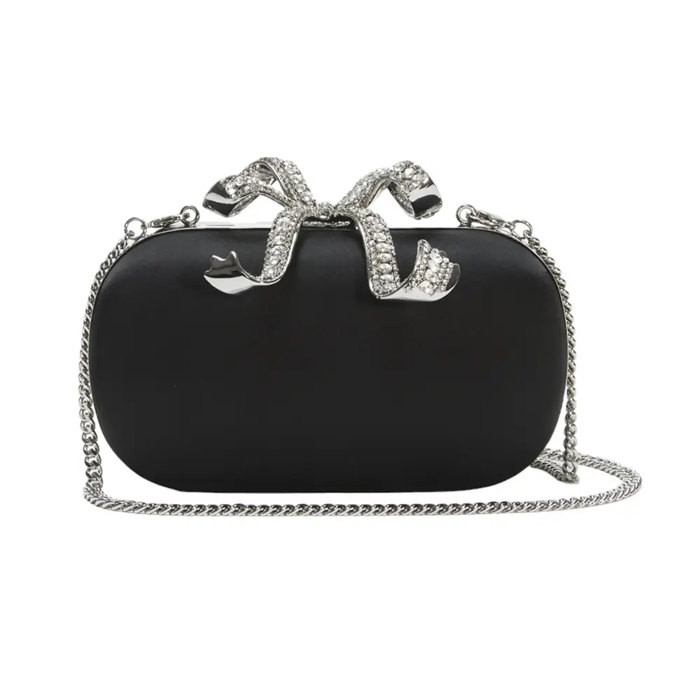 Self Portrait Diamante Bow Satin Clutch Bag Black – voilà.id