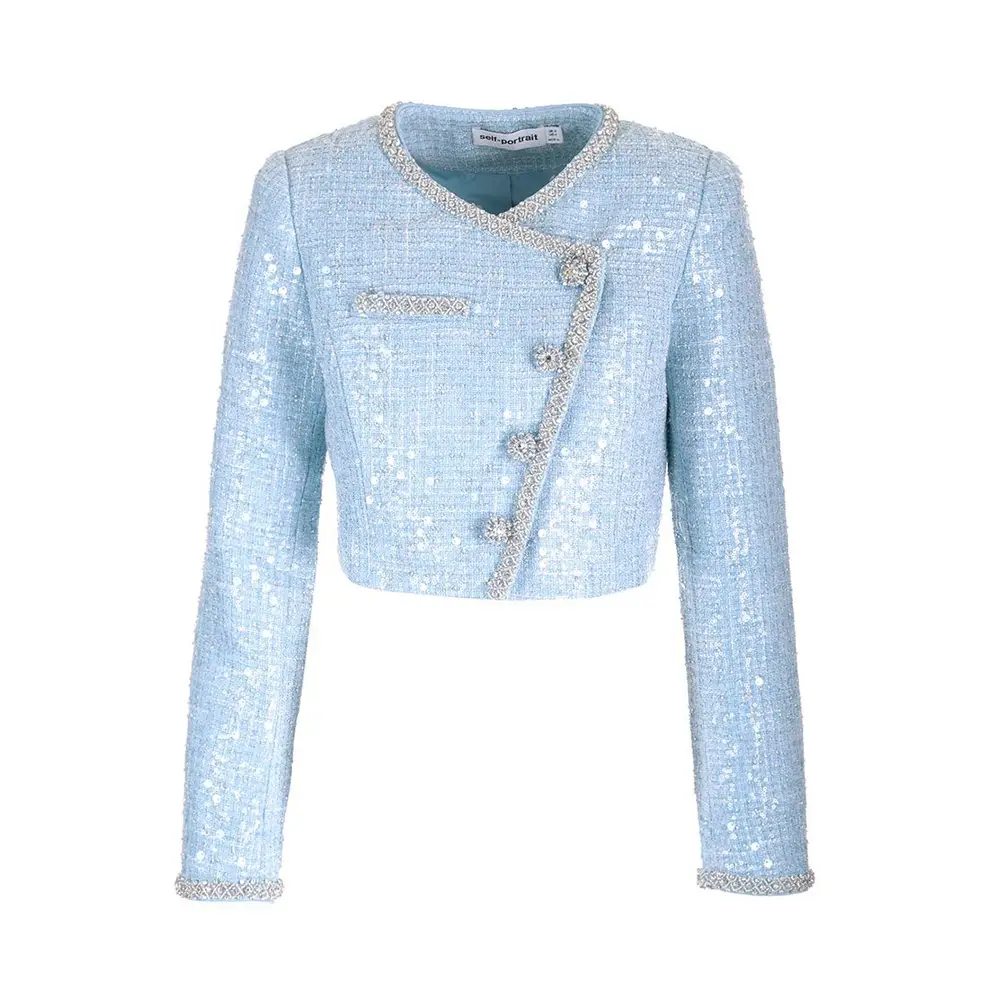 Self Portrait Sequined Boucle Cropped Jacket Blue – voilà.id
