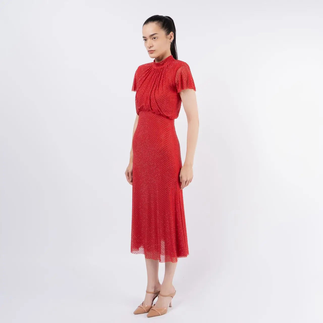 Self Portrait Rhinestone Mesh Cheongsam Midi Dress Red Self Portrait Rhinestone Mesh Cheongsam Midi Dress Red
