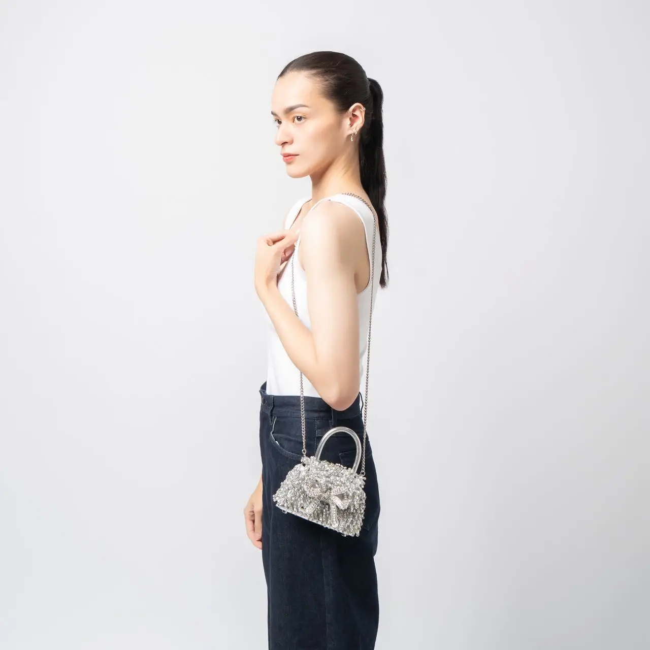 Self Portrait Beads Embellished Micro Bow Bag Silver – voilà.id
