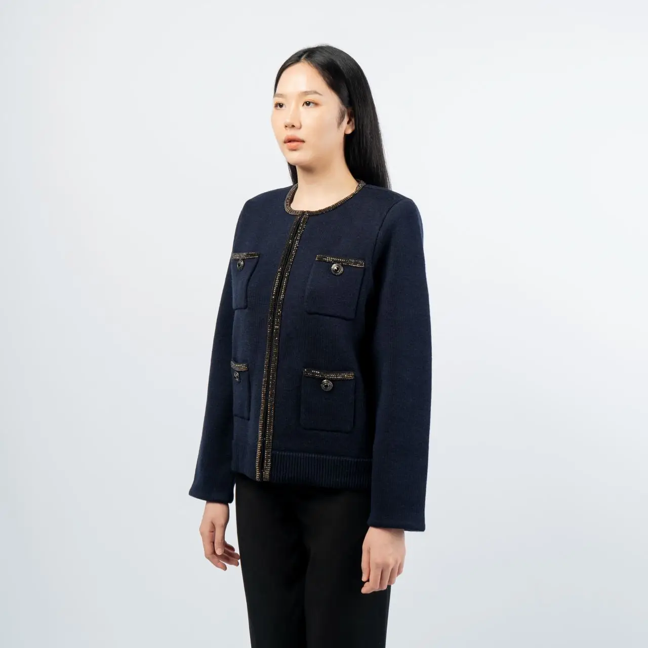 self-portrait◆NAVY ROPE KNIT CARDIGAN(薄手)/M/コットン/NVY/無地/SS22-1 Blue Textured Knitted Cardigan