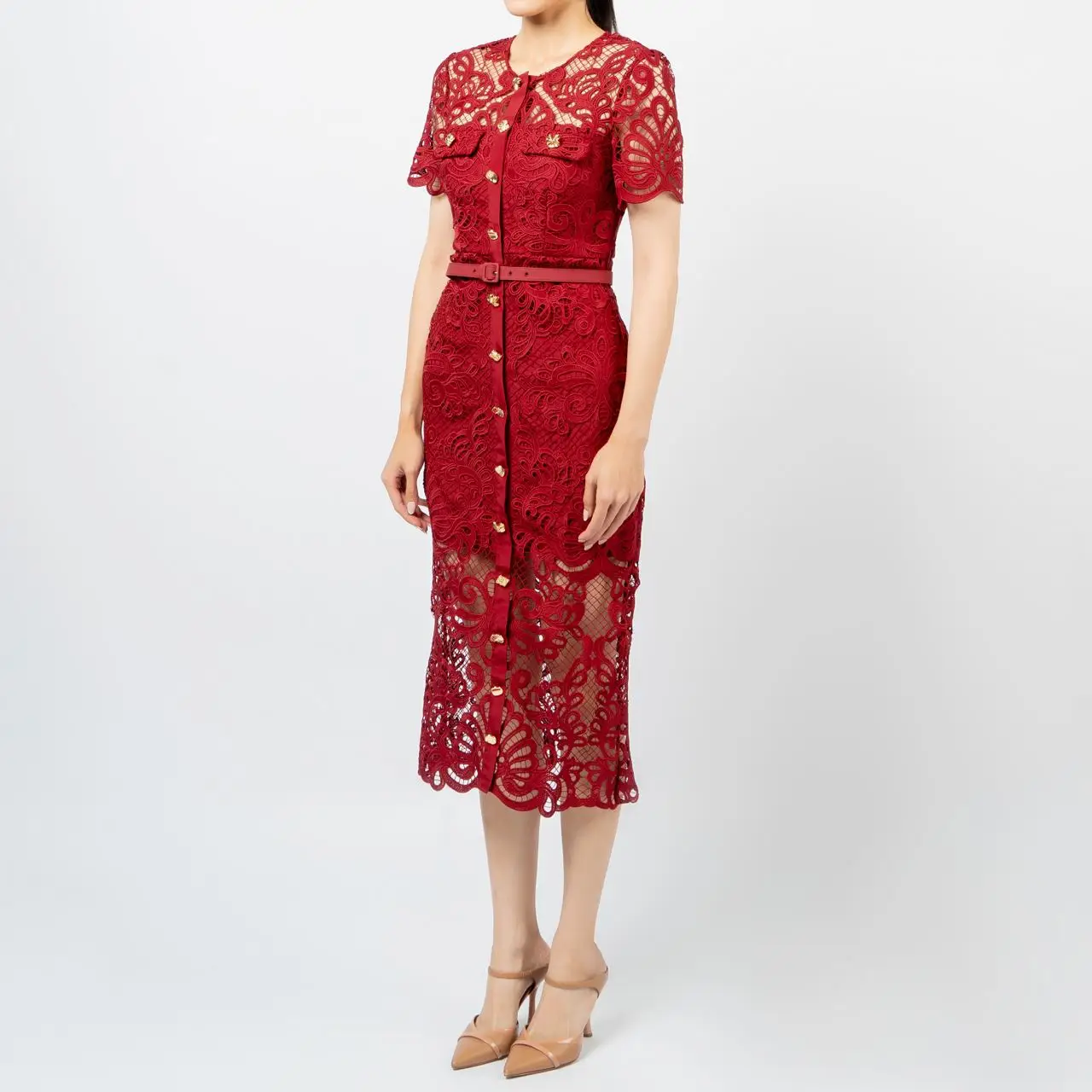Self Portrait Guipure Lace Button Midi Dress Red – voilà.id