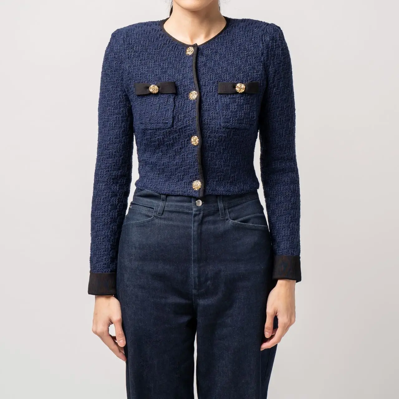 Self Portrait Weave Cropped Cardigan Navy – voilà.id