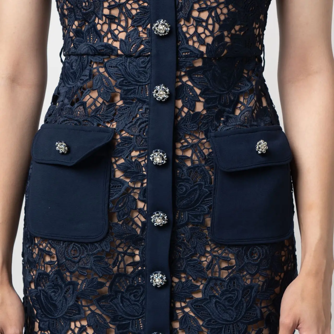 Self Portrait Lace Open Neck Midi Dress Navy – voilà.id