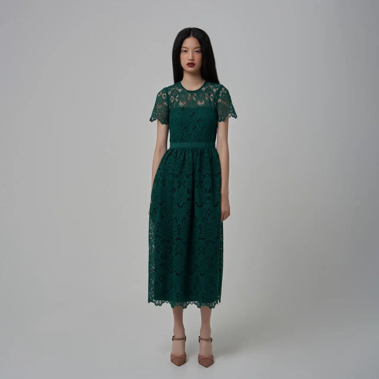 【クーポン対象外】 Guipure Floral Portrait Self Midi voilà.id – Green Dark Dress ワンピース