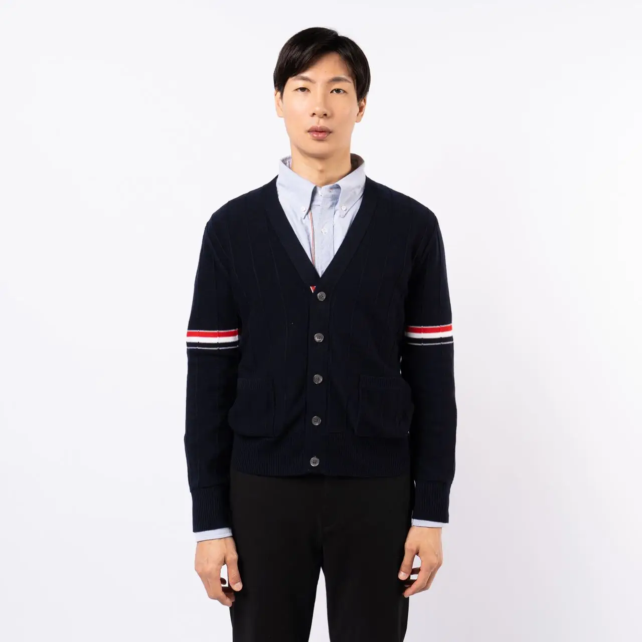 Thom Browne RWB Stripe Relaxed V-Neck Armband Cardigan Navy