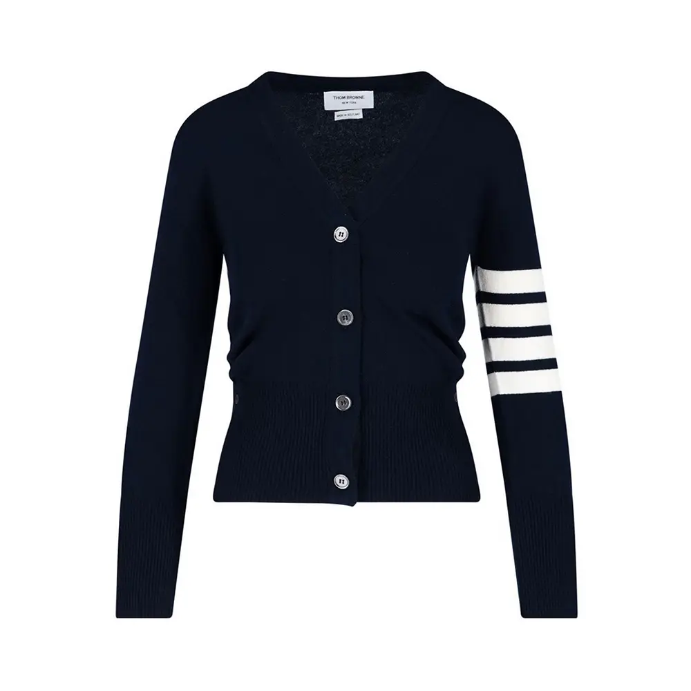 Thom Browne 4-Bar Cashmere Classic V-Neck Cardigan Navy – voilà.id