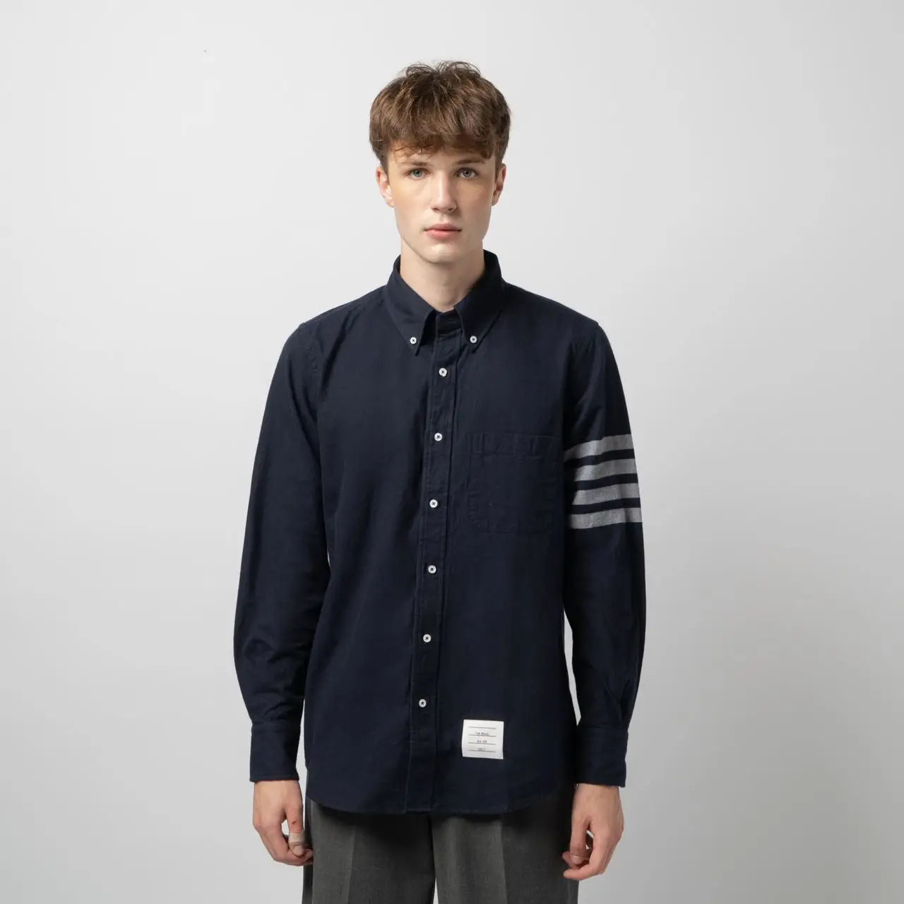 Thom Browne 4-Bar Nametag Straight Fit Solid Flannel Shirt Navy