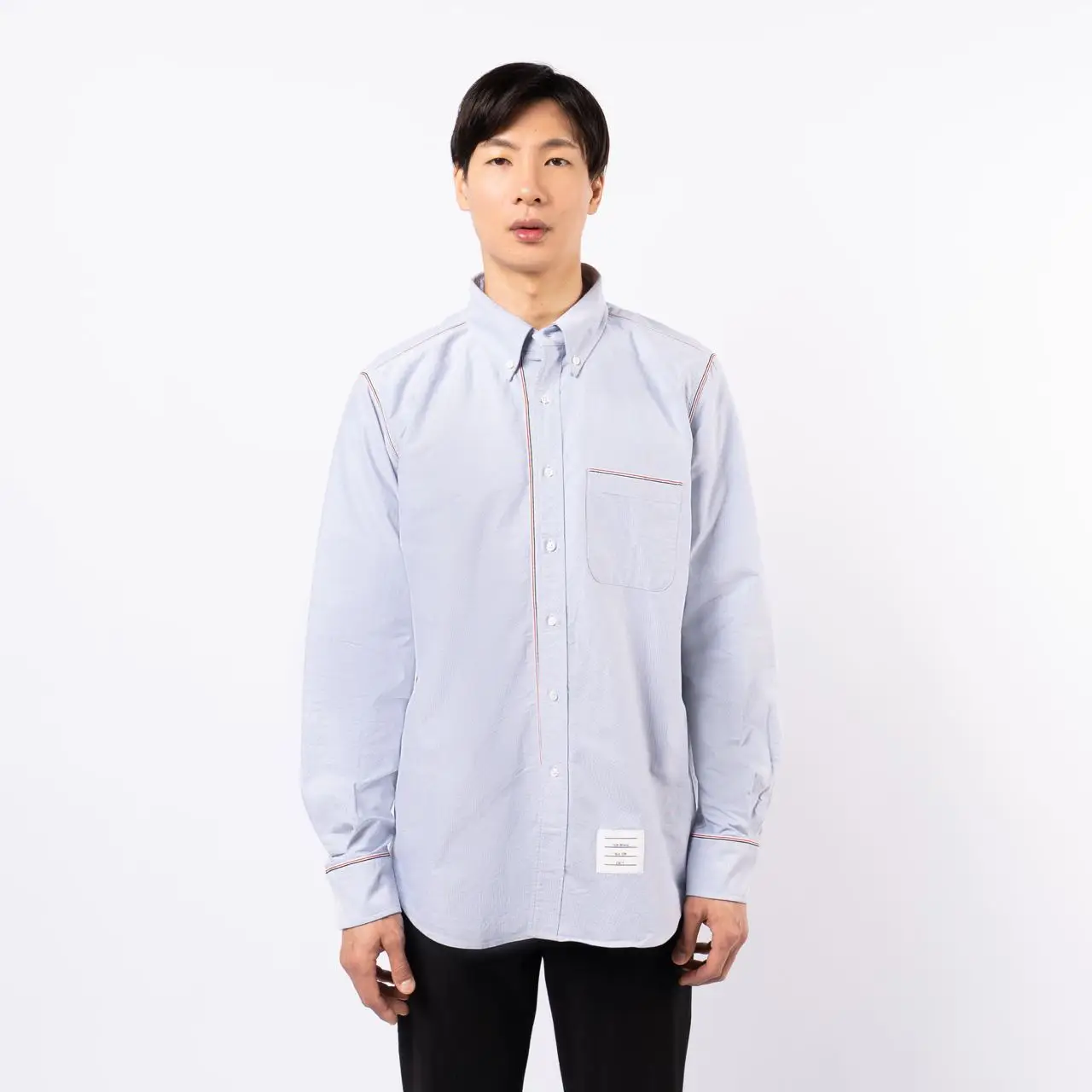 ■THOM BROWNE■ RWB Point Shirt One Piece Light Blue FDS002E Thom Browne Light Blue RWB Shirt for Men – LOZURI®