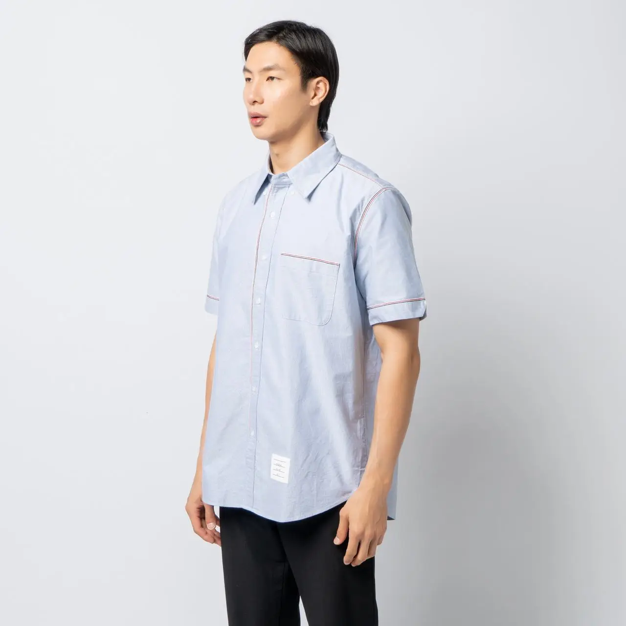 Tシャツ・カットソー THOM BROWNE FW25 RWB tape cuffs shirt (FLL156A03113 100) Straight Fit Bd S/S Shirt W/ Rwb Gg Cuffs In Rep Stripe