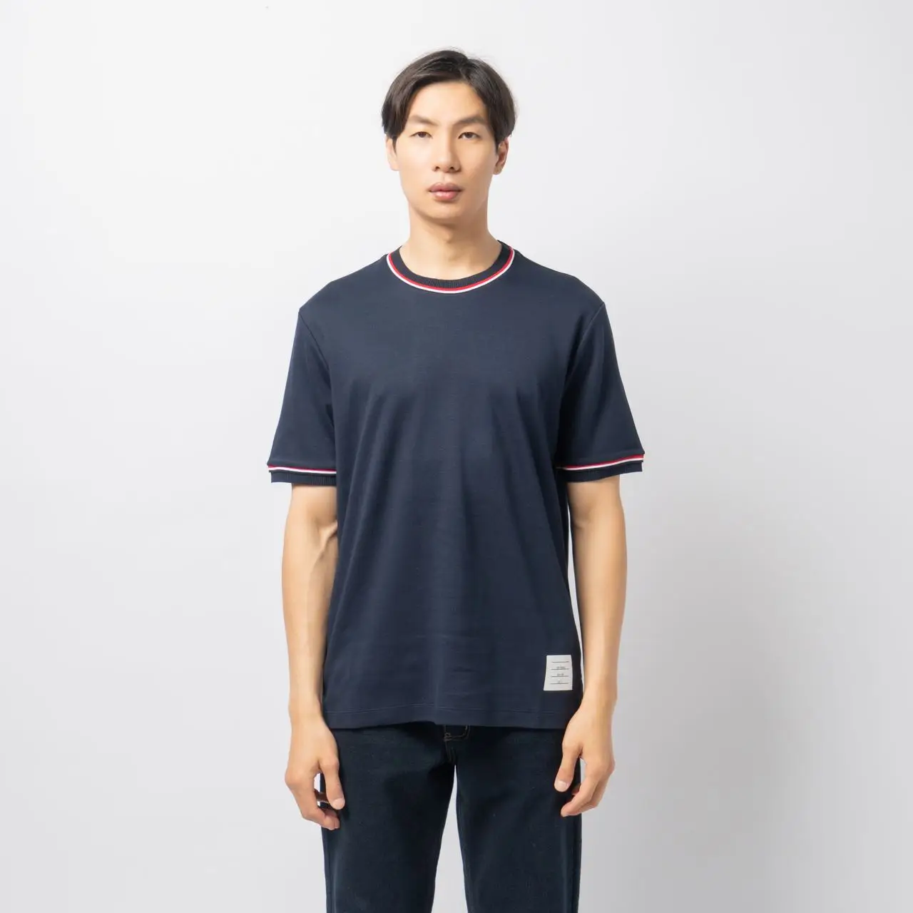 ★THOM BROWNE★ Oversized 34 Sleeve Milano Lip T-Shirt Navy Thom Browne RWB Stripe Cotton Milano Short Sleeves Mock Neck
