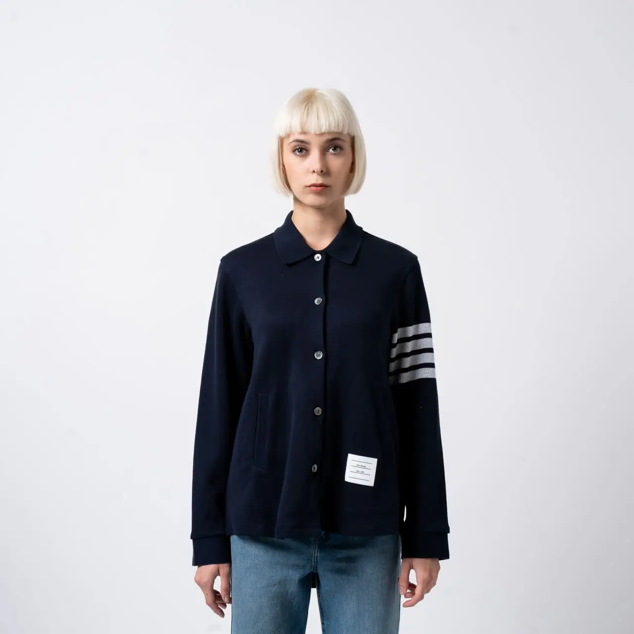 Thom Browne 4-Bar Double Face Knit A-Line Shirt Navy – voilà.id