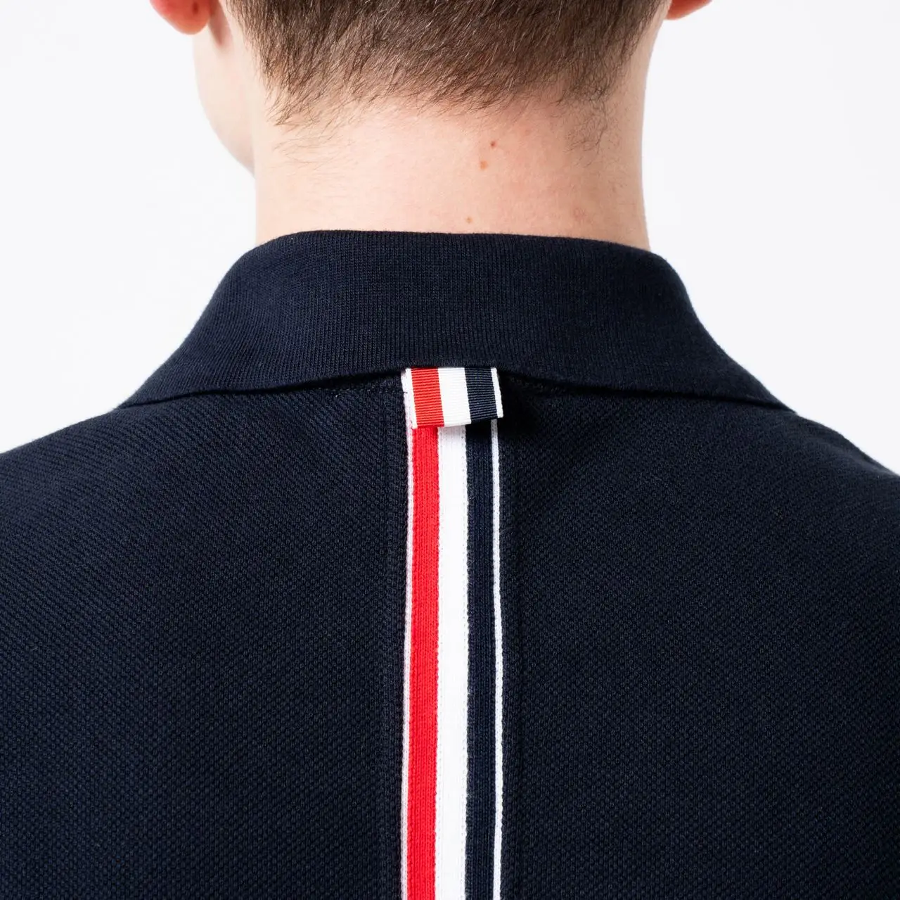 Thom Browne Center Back RWB Stripe Cotton Pique Polo Shirt