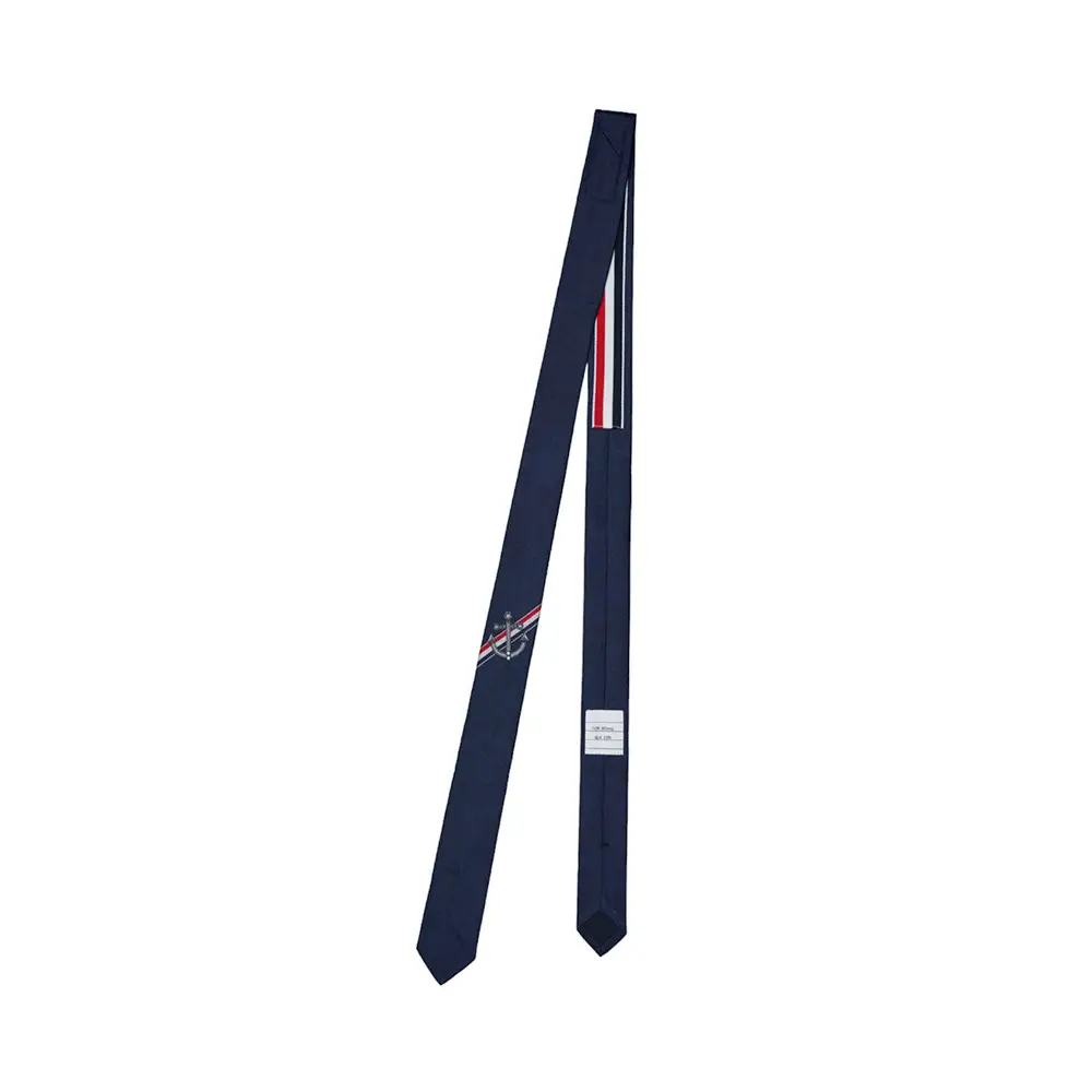 Thom Browne Anchor-Embroidered Silk Tie Navy Blue – voilà.id
