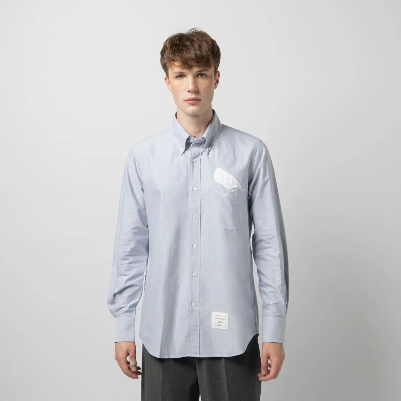 Thom Browne Whale Embroidery Straight Fit Solid Oxford Shirt