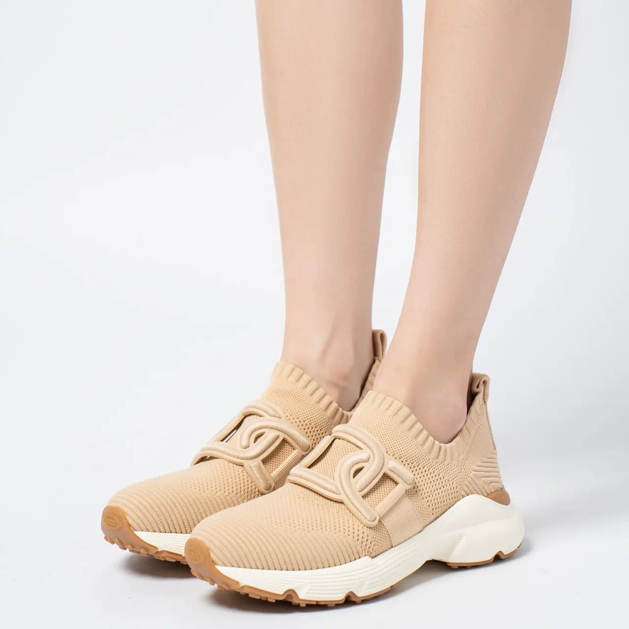 Tod's Chain Leather Accessory Knit Sneakers Beige with