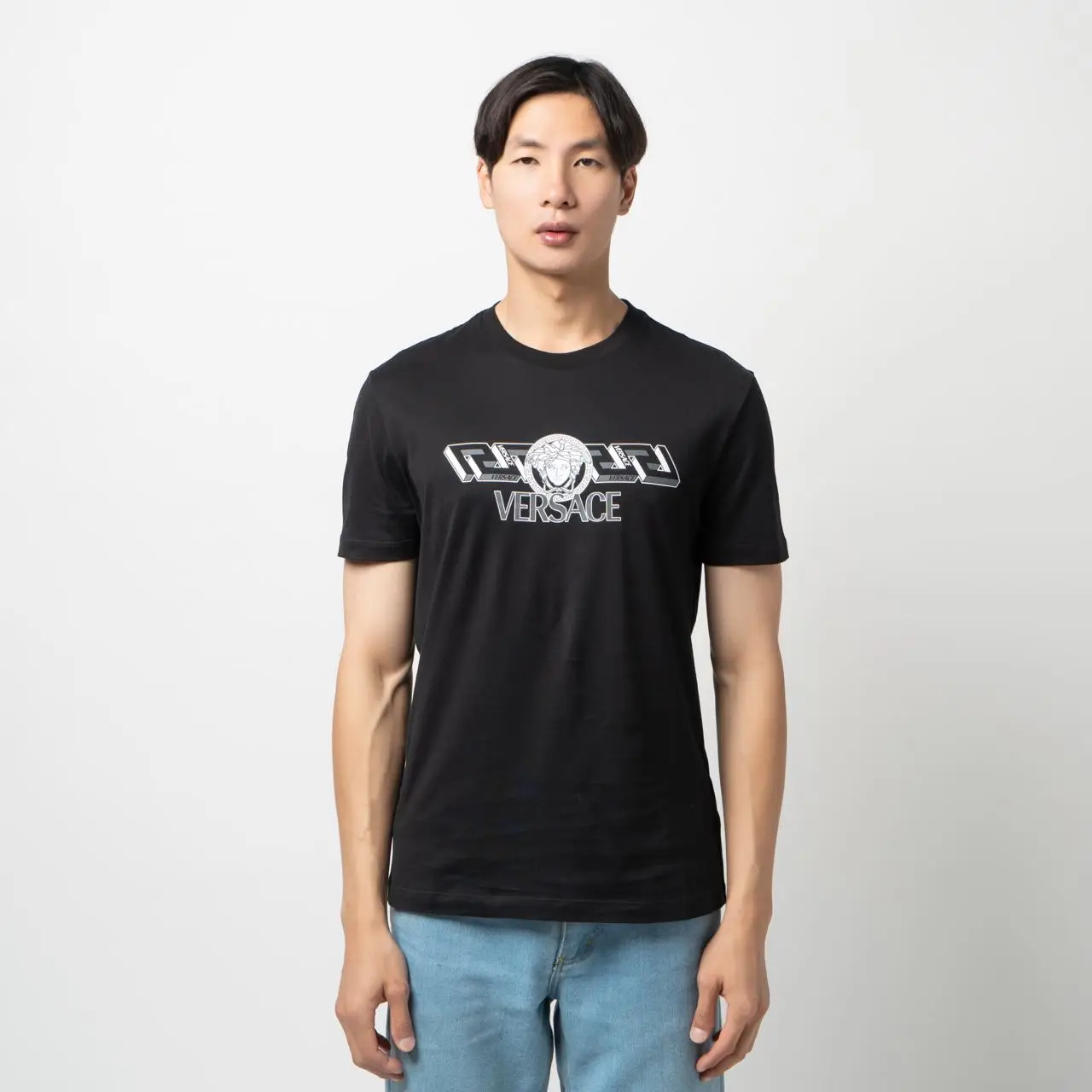 VERSACE｜SHORT-SLEEVED ROUND NECK T-SHIRTS (LA GRECA LOG Versace La Greca-Print Short-Sleeve T-Shirt in Black for Men