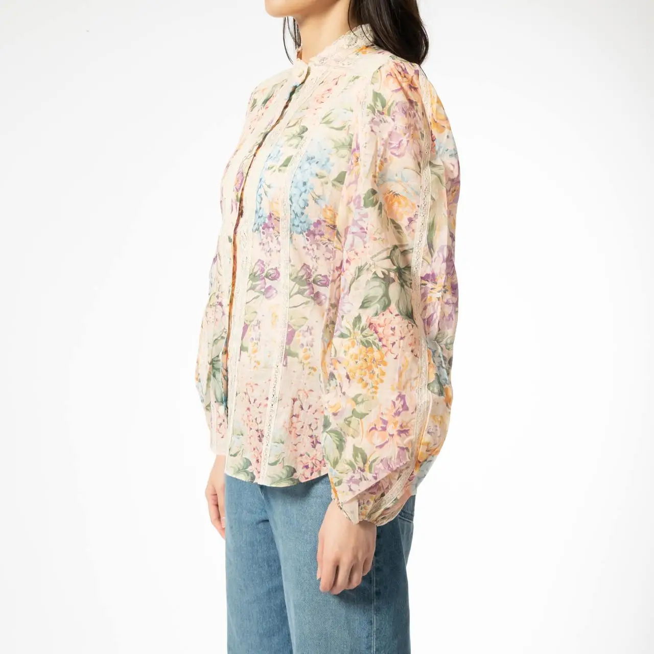 Zimmermann postcard 3D floral Mock Neck white ivory blouse